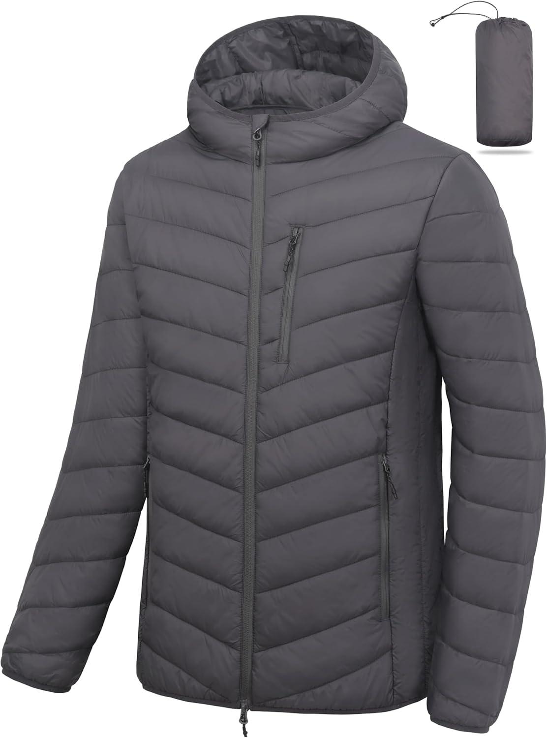 imageLittle Donkey Andy Mens Lightweight Packable Puffer Jacket Hooded WaterResistant Windproof Warm Insulation Winter CoatGrey