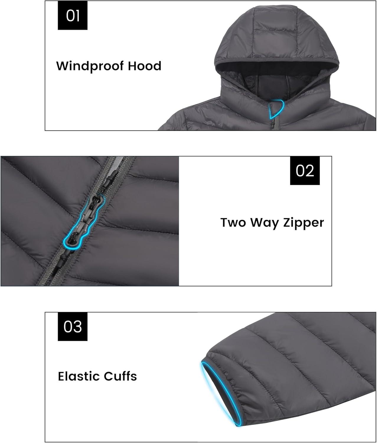 imageLittle Donkey Andy Mens Lightweight Packable Puffer Jacket Hooded WaterResistant Windproof Warm Insulation Winter CoatGrey