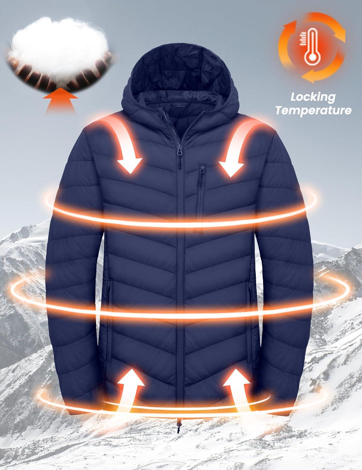 imageLittle Donkey Andy Mens Lightweight Packable Puffer Jacket Hooded WaterResistant Windproof Warm Insulation Winter CoatNavy Blue