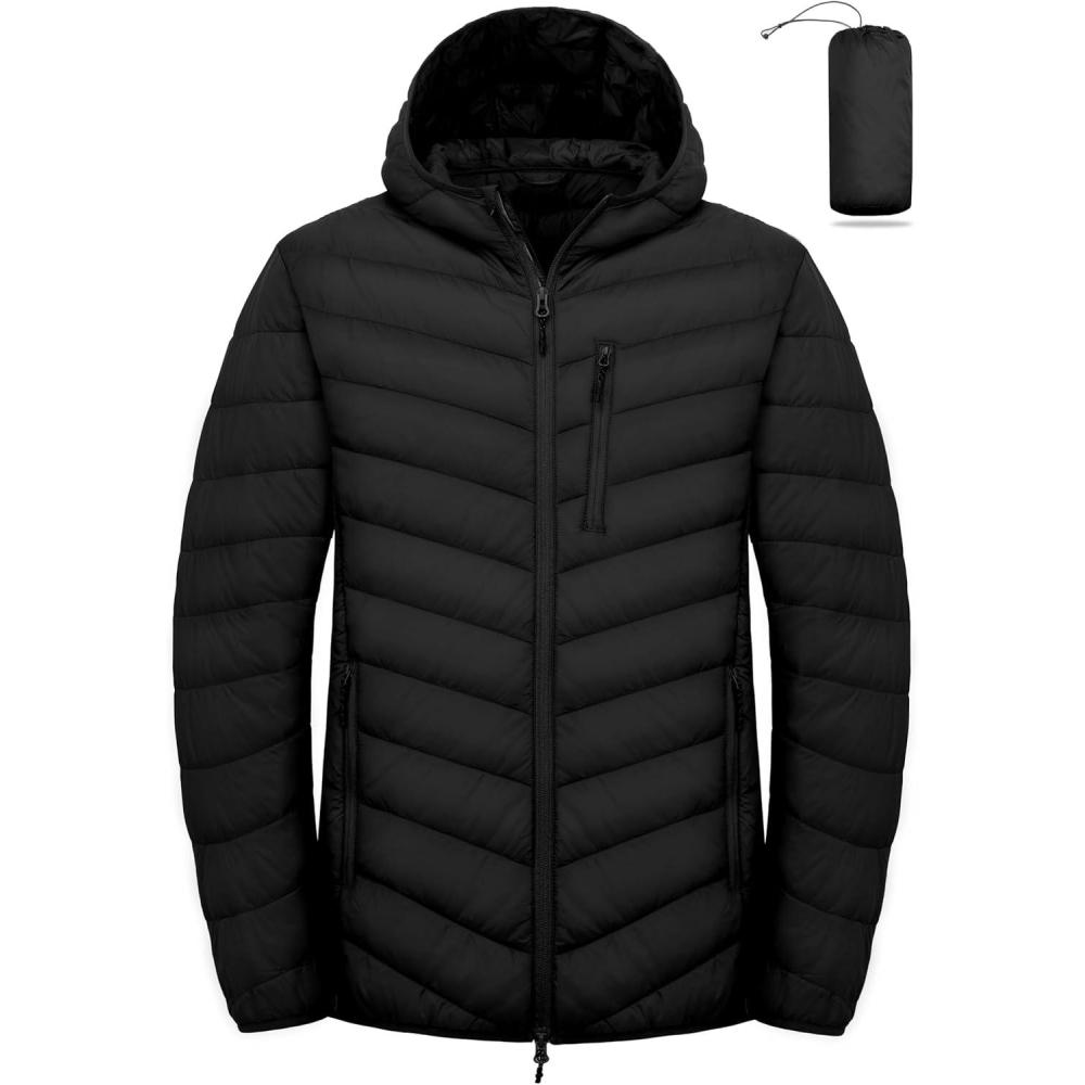 imageLittle Donkey Andy Mens Lightweight Packable Puffer Jacket Hooded WaterResistant Windproof Warm Insulation Winter CoatBlack