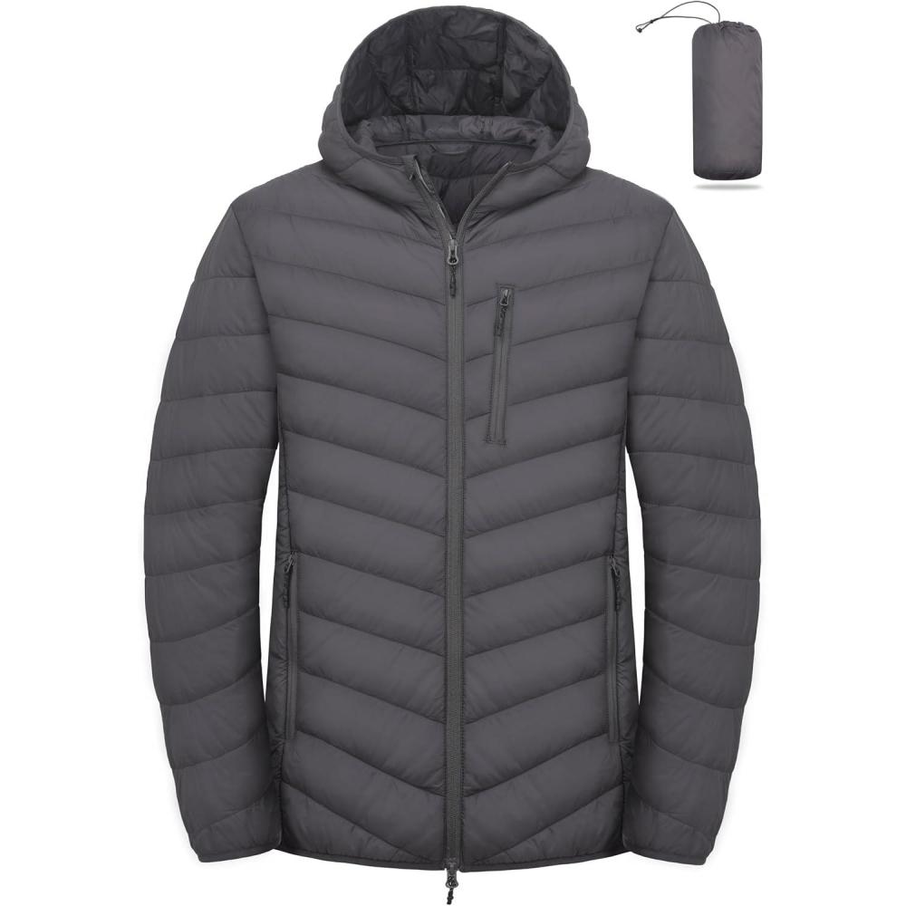 imageLittle Donkey Andy Mens Lightweight Packable Puffer Jacket Hooded WaterResistant Windproof Warm Insulation Winter CoatGrey