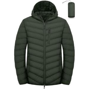 Little Donkey Andy Men’s Lightweight Packable Puffer Jacket Hooded Water-Resistant Windproof Warm Insulation Winter Coat(Green)