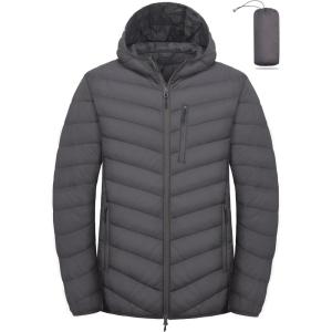 Little Donkey Andy Men’s Lightweight Packable Puffer Jacket Hooded Water-Resistant Windproof Warm Insulation Winter Coat(Grey)