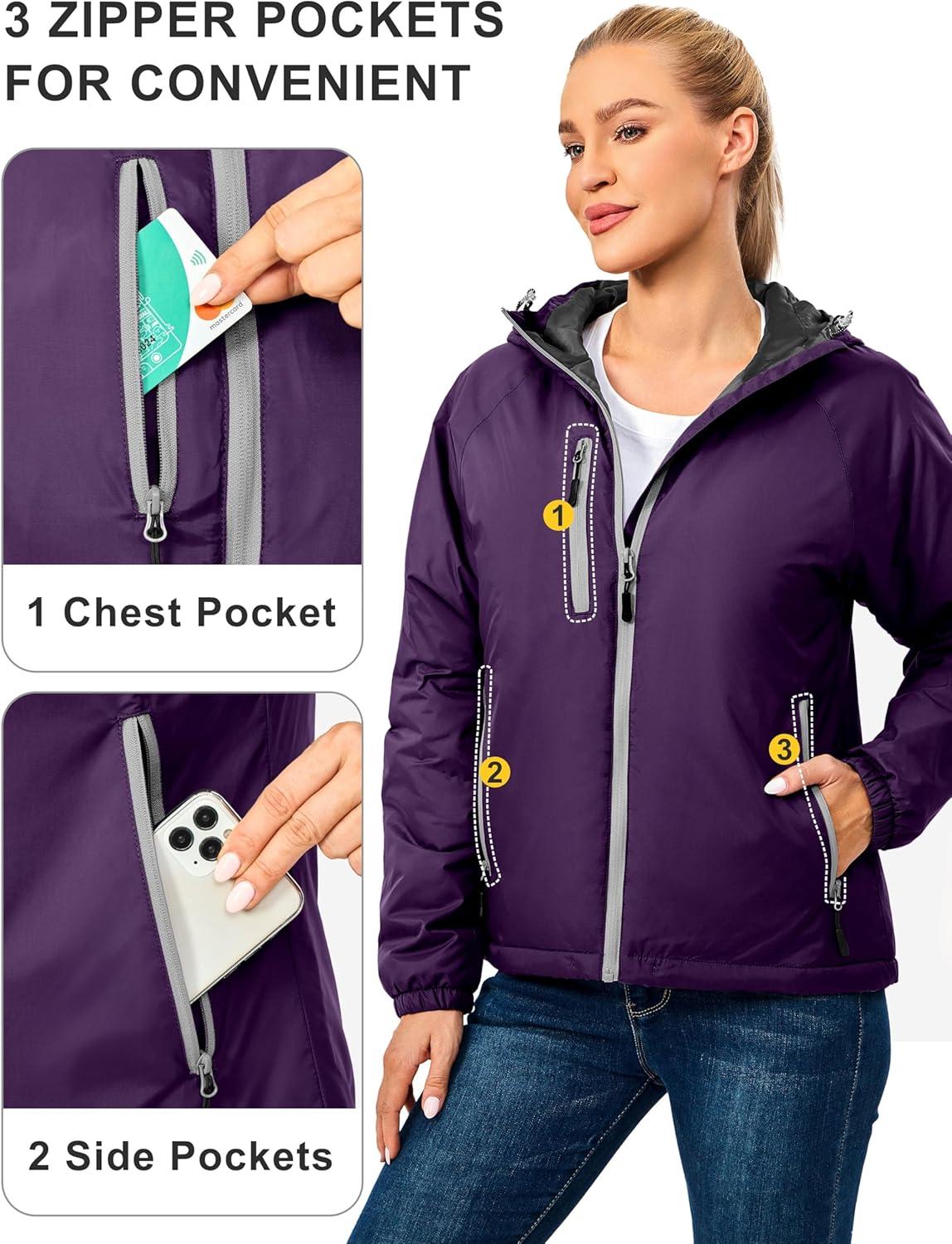 imageLittle Donkey Andy Womens Insulated Winter Jacket Lightweight Waterproof Coat with Hood for Hiking Walking TravelPurple