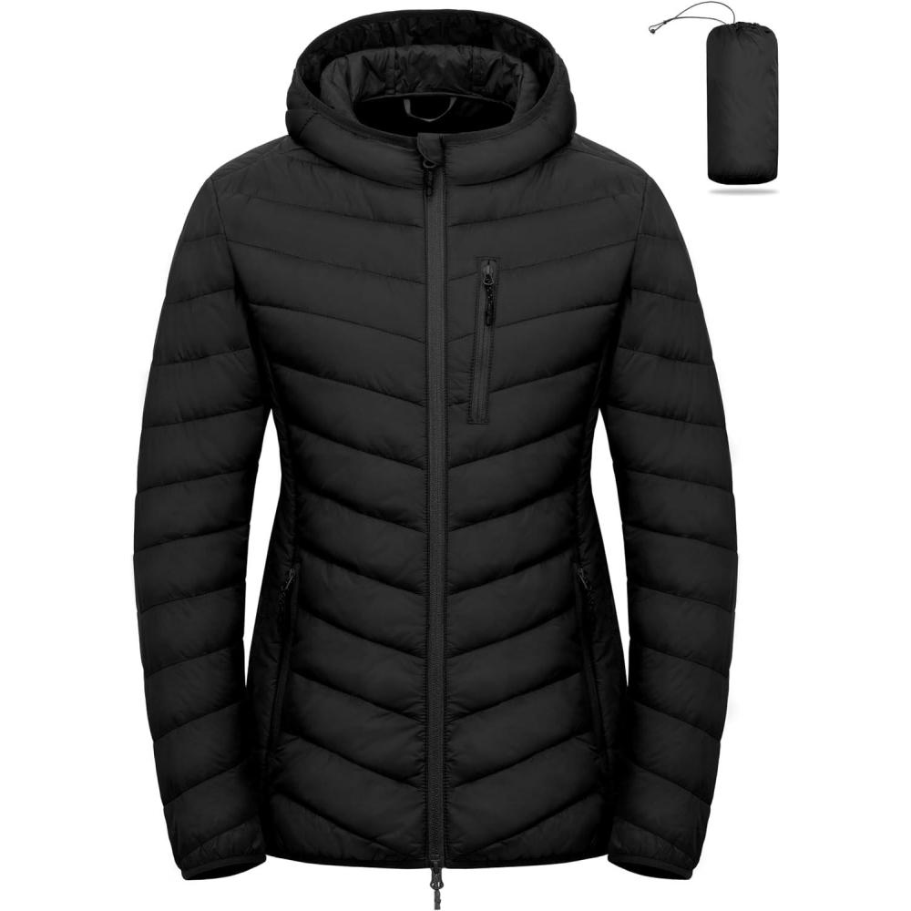 imageLittle Donkey Andy Womens Lightweight Packable Puffer Jacket Hooded Quilted Windproof Warm Insulation Winter CoatBlack