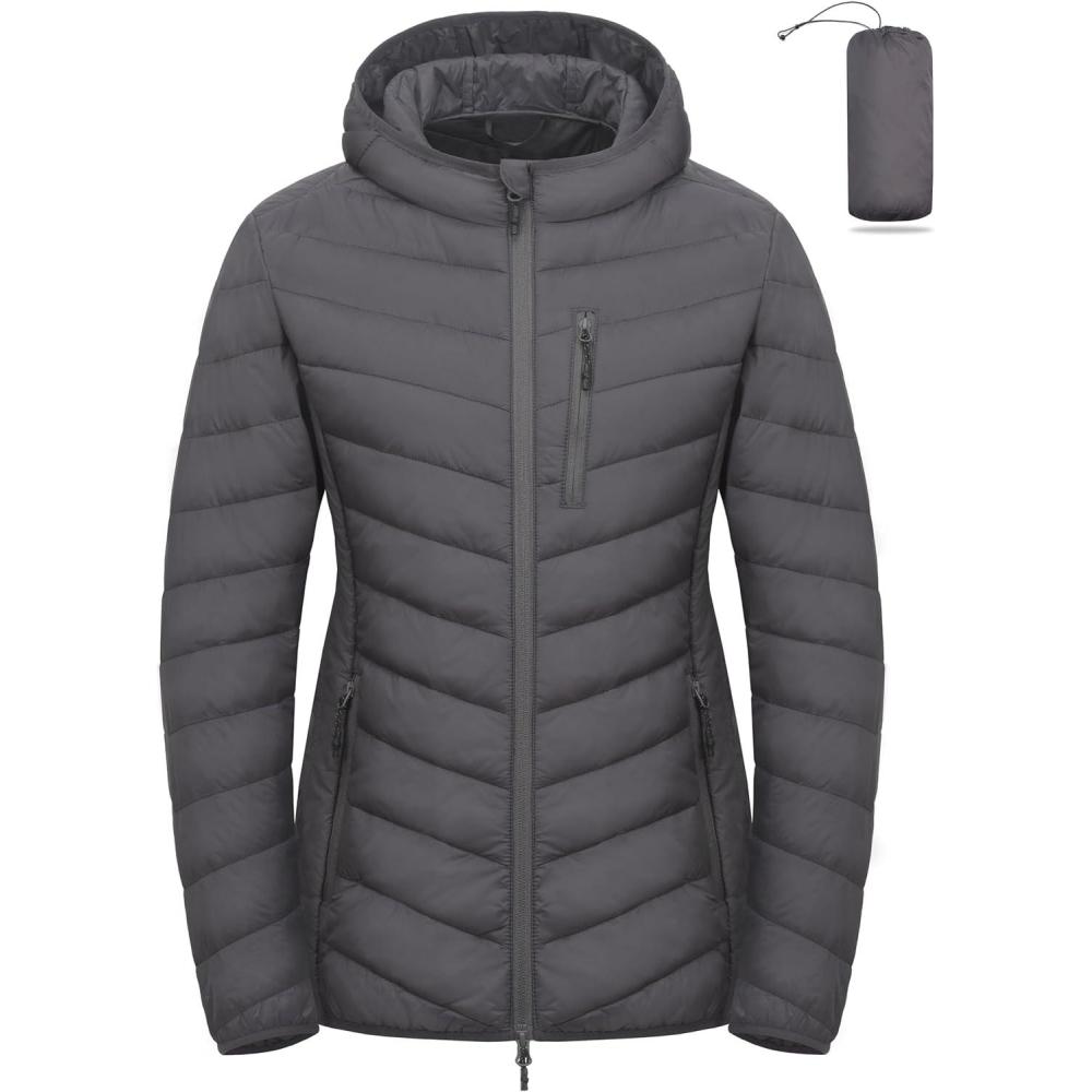 imageLittle Donkey Andy Womens Lightweight Packable Puffer Jacket Hooded Quilted Windproof Warm Insulation Winter CoatGrey