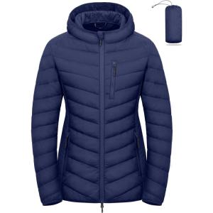 Little Donkey Andy Women’s Lightweight Packable Puffer Jacket Hooded Quilted Windproof Warm Insulation Winter Coat(Navy Blue)