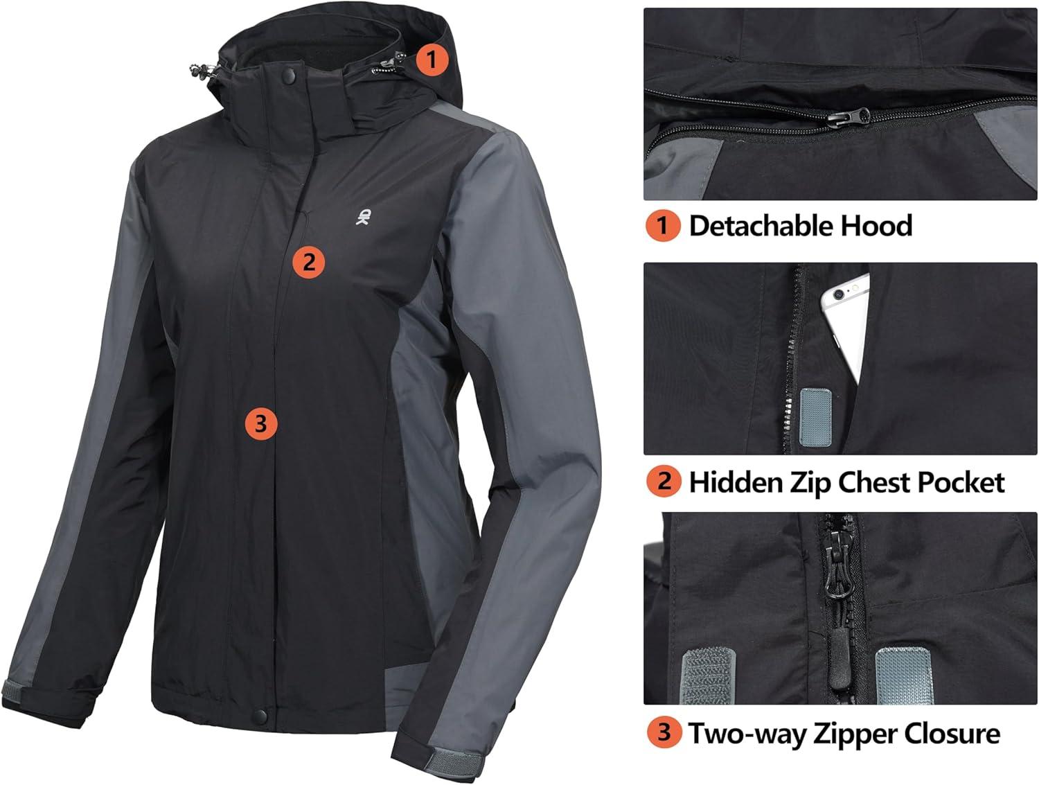 imageLittle Donkey Andy Womens 3 in 1 Winter Ski Jacket Warm Fleece Liner Jacket Waterproof Windproof Snow Coat amp Detachable HoodBlackGray