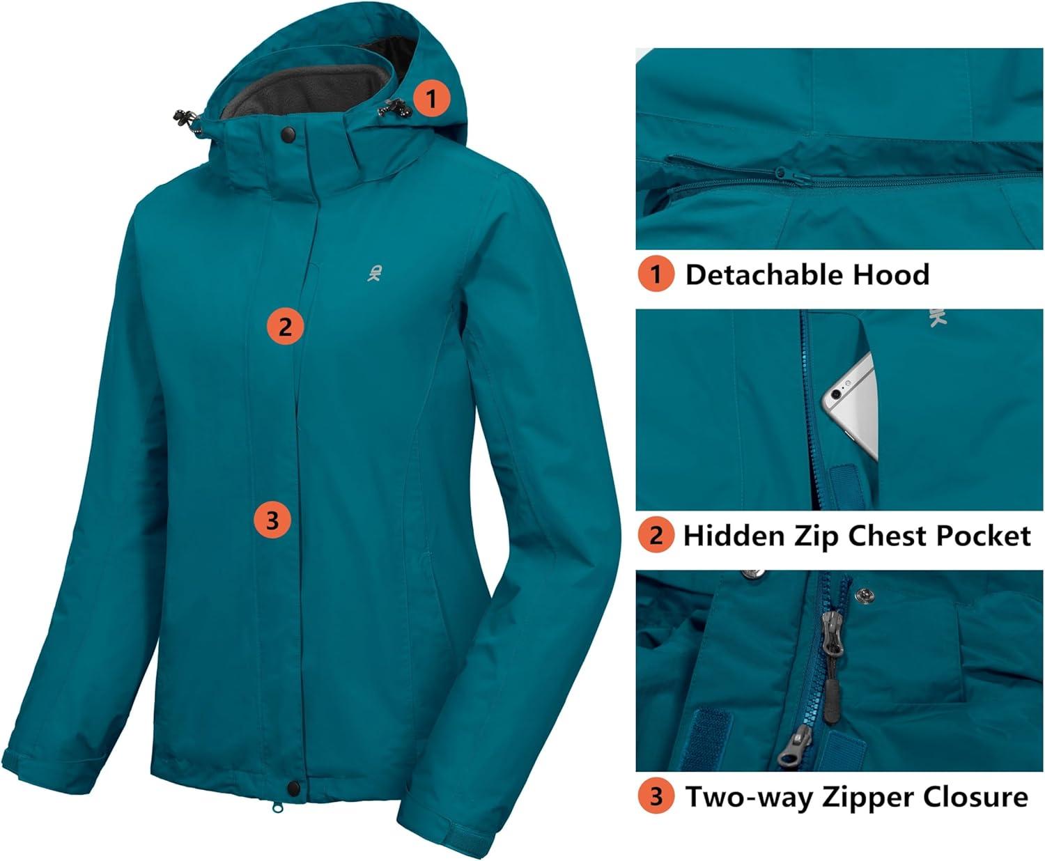 imageLittle Donkey Andy Womens 3 in 1 Winter Ski Jacket Warm Fleece Liner Jacket Waterproof Windproof Snow Coat amp Detachable HoodGreen Blue
