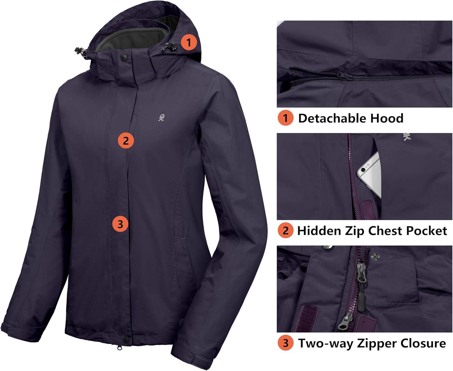 imageLittle Donkey Andy Womens 3 in 1 Winter Ski Jacket Warm Fleece Liner Jacket Waterproof Windproof Snow Coat amp Detachable HoodPurple