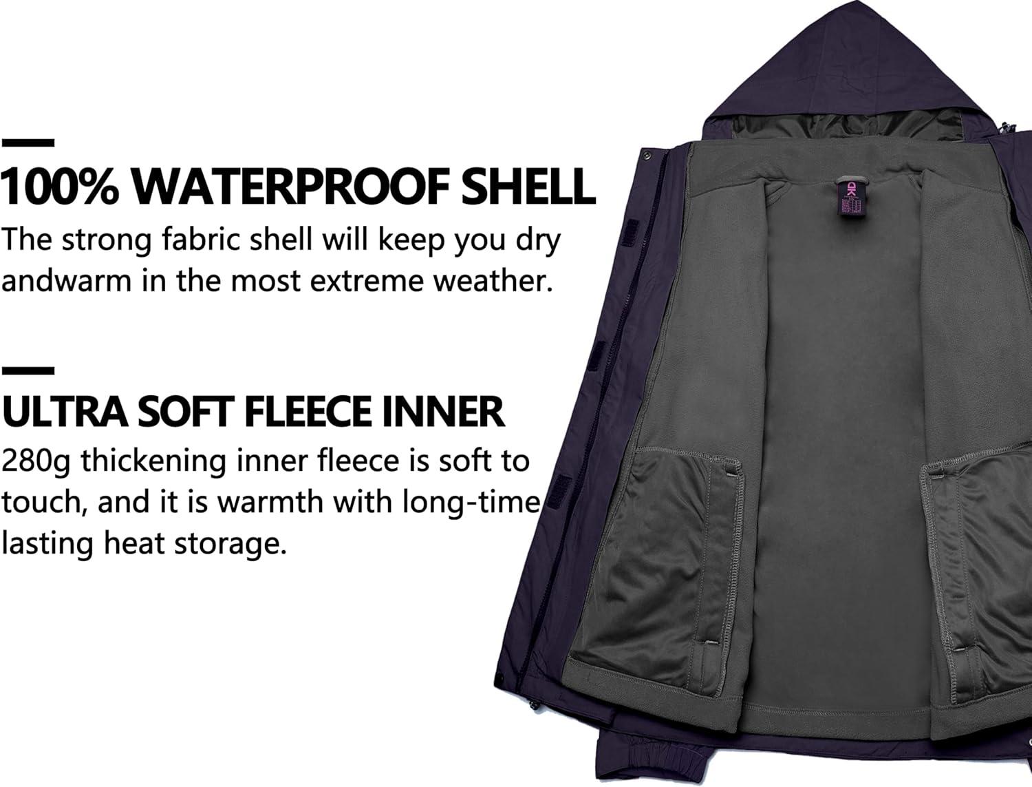 imageLittle Donkey Andy Womens 3 in 1 Winter Ski Jacket Warm Fleece Liner Jacket Waterproof Windproof Snow Coat amp Detachable HoodPurple
