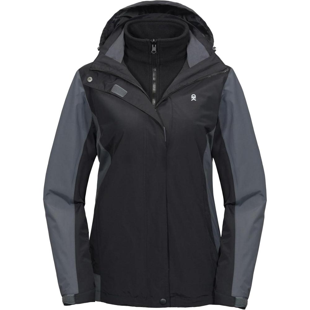 imageLittle Donkey Andy Womens 3 in 1 Winter Ski Jacket Warm Fleece Liner Jacket Waterproof Windproof Snow Coat amp Detachable HoodBlackGray