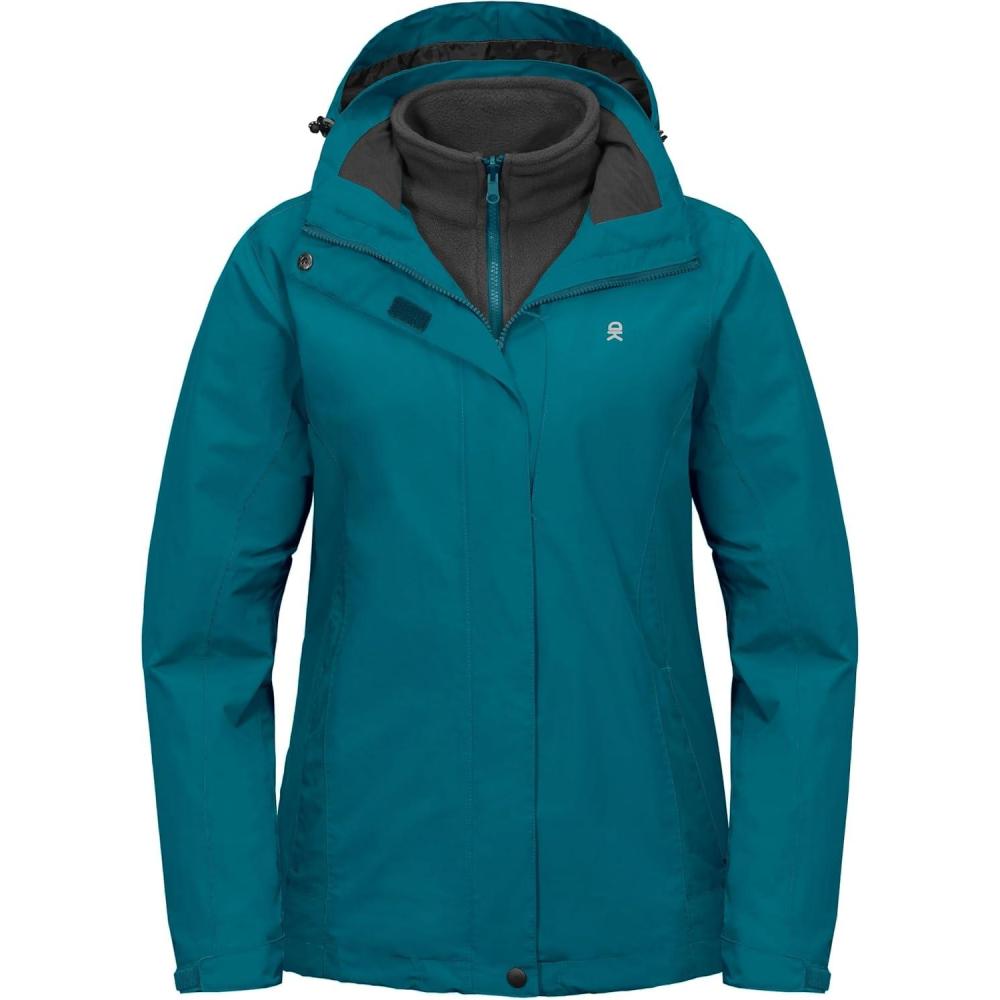 imageLittle Donkey Andy Womens 3 in 1 Winter Ski Jacket Warm Fleece Liner Jacket Waterproof Windproof Snow Coat amp Detachable HoodGreen Blue