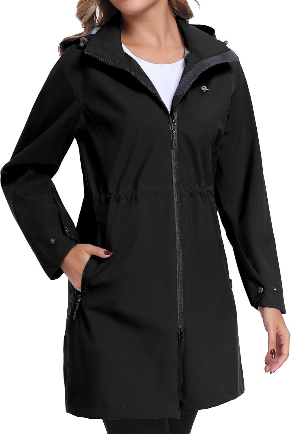 imageLittle Donkey Andy Womens Waterproof MidLength Rain Jacket with Hood Windbreaker Coat for Hiking TravelClassic Black