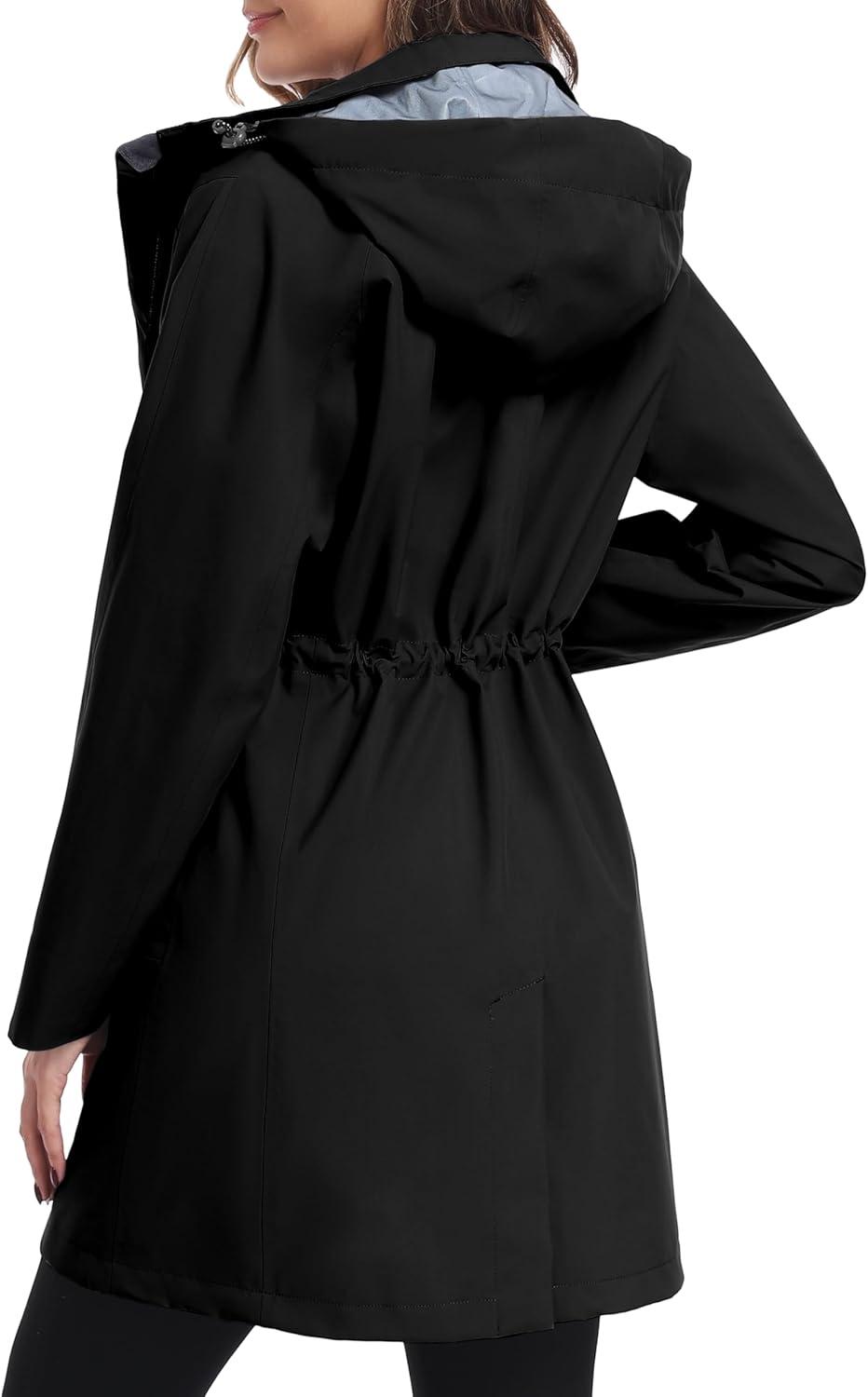 imageLittle Donkey Andy Womens Waterproof MidLength Rain Jacket with Hood Windbreaker Coat for Hiking TravelClassic Black