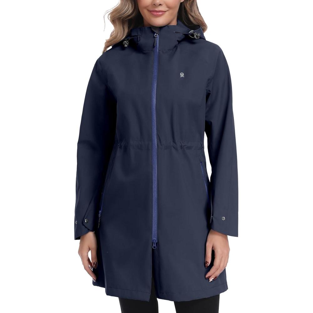 imageLittle Donkey Andy Womens Waterproof MidLength Rain Jacket with Hood Windbreaker Coat for Hiking TravelDeep Navy
