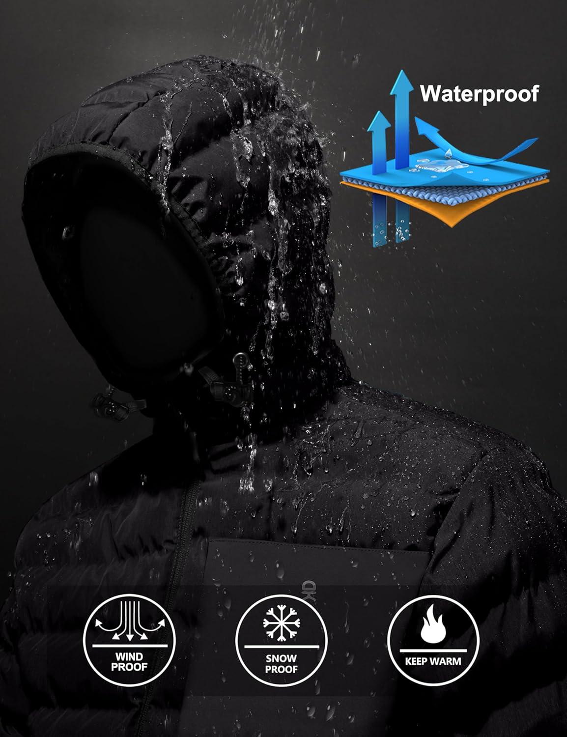 imageLittle Donkey Andy Mens Waterproof Puffer Jacket Hooded Windproof Warm Down Jacket with Recycled InsulationUpgradedblack