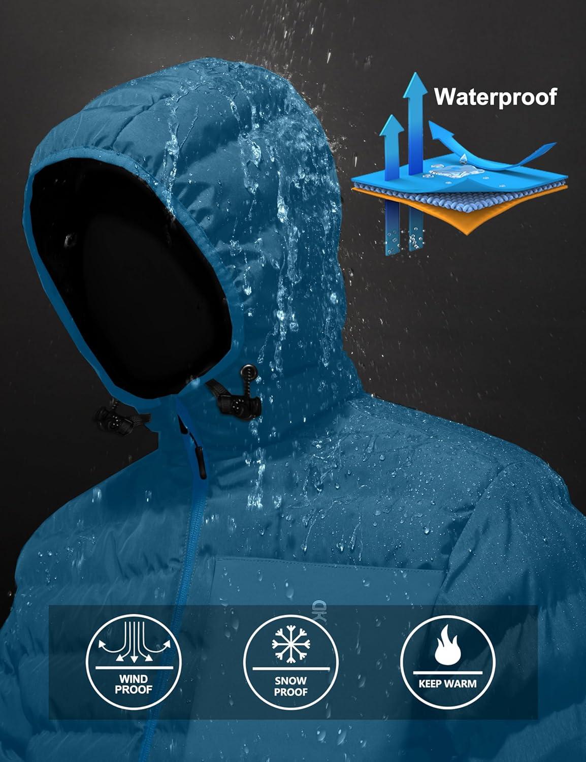 imageLittle Donkey Andy Mens Waterproof Puffer Jacket Hooded Windproof Warm Down Jacket with Recycled InsulationUpgradedblue