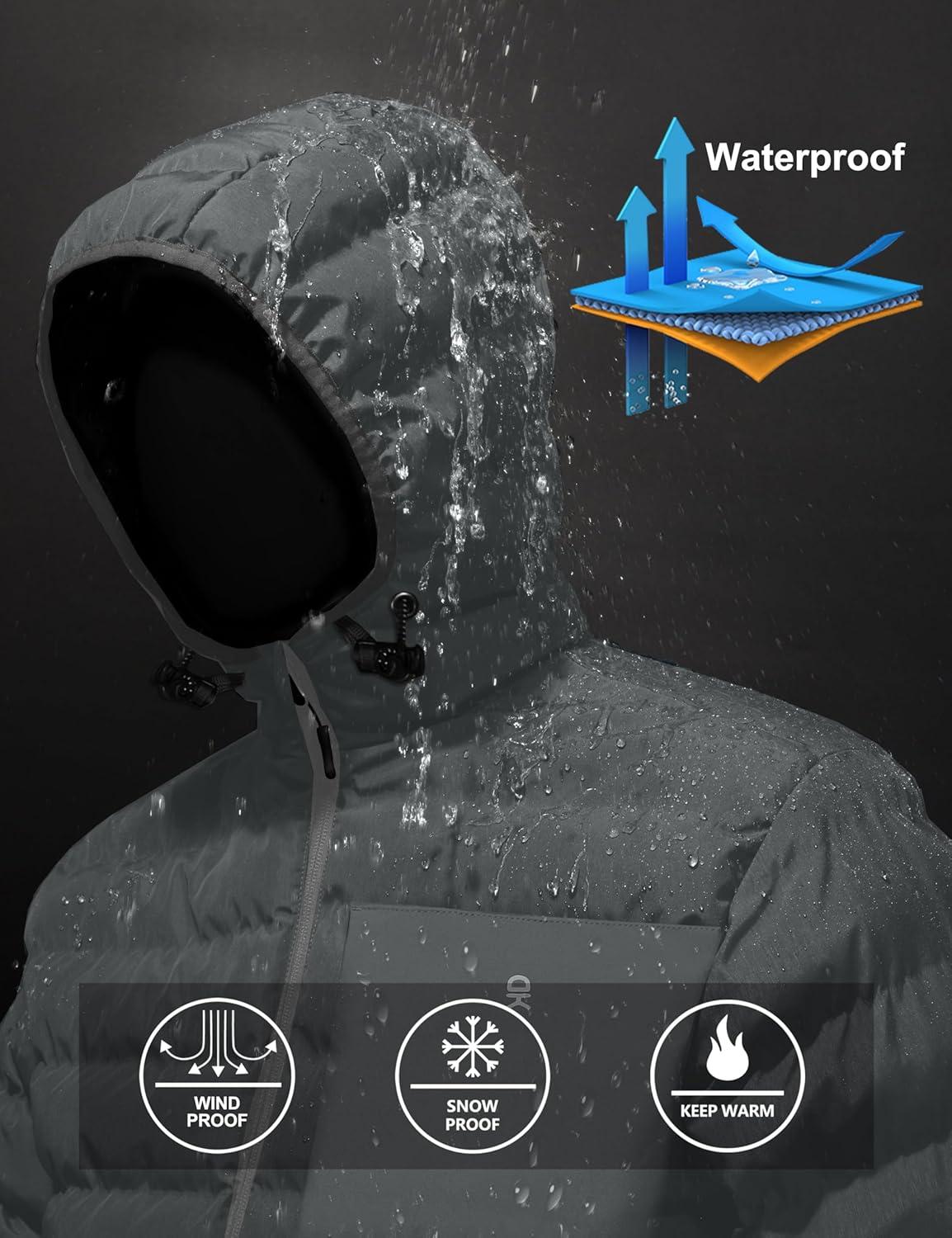 imageLittle Donkey Andy Mens Waterproof Puffer Jacket Hooded Windproof Warm Down Jacket with Recycled InsulationUpgradedgrey