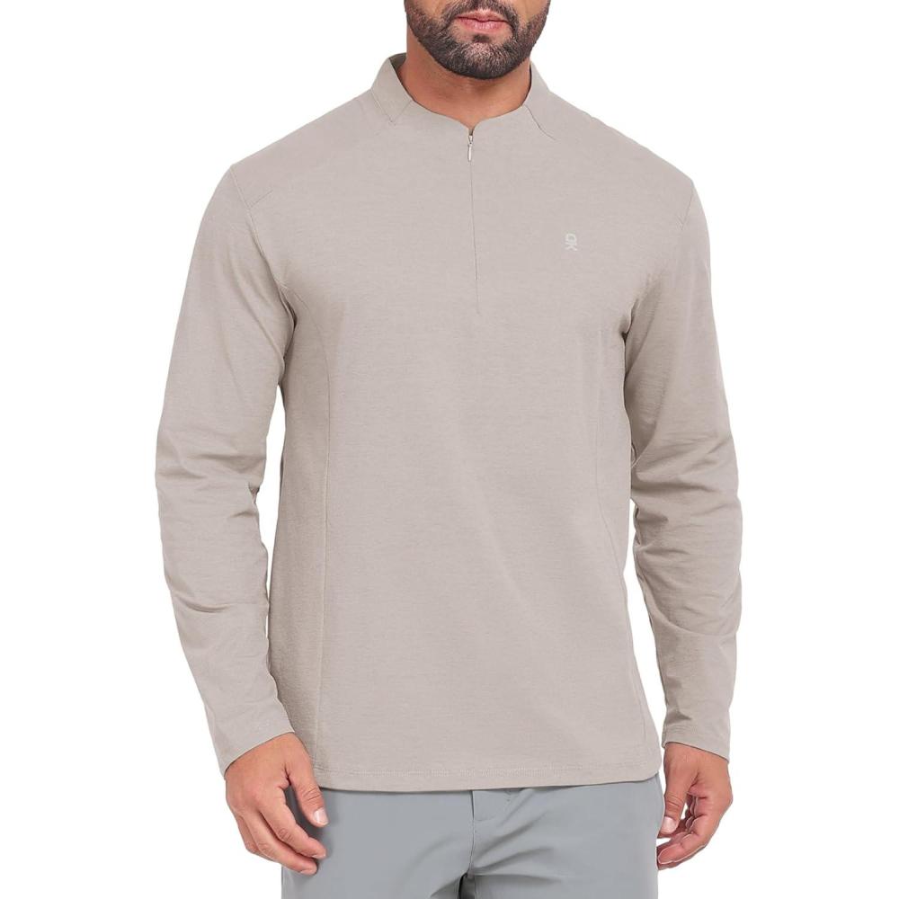 imageLittle Donkey Andy Mens Golf Quarter Zip Pullover Mock Neck Lightweight Sun Protection Long Sleeve Fishing ShirtCrewneck Pale Khaki