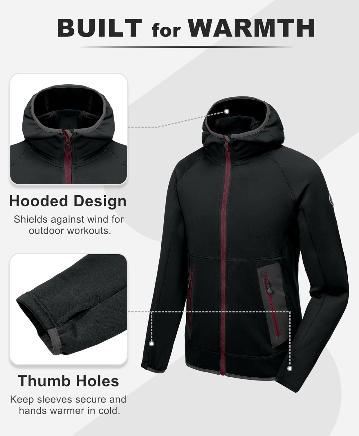 imageLittle Donkey Andy Mens Fleece Lined Running Thumb Hole Jacket Winter Stretch Hoodies Full Zip Up Hooded Coat Workout HikingBlack