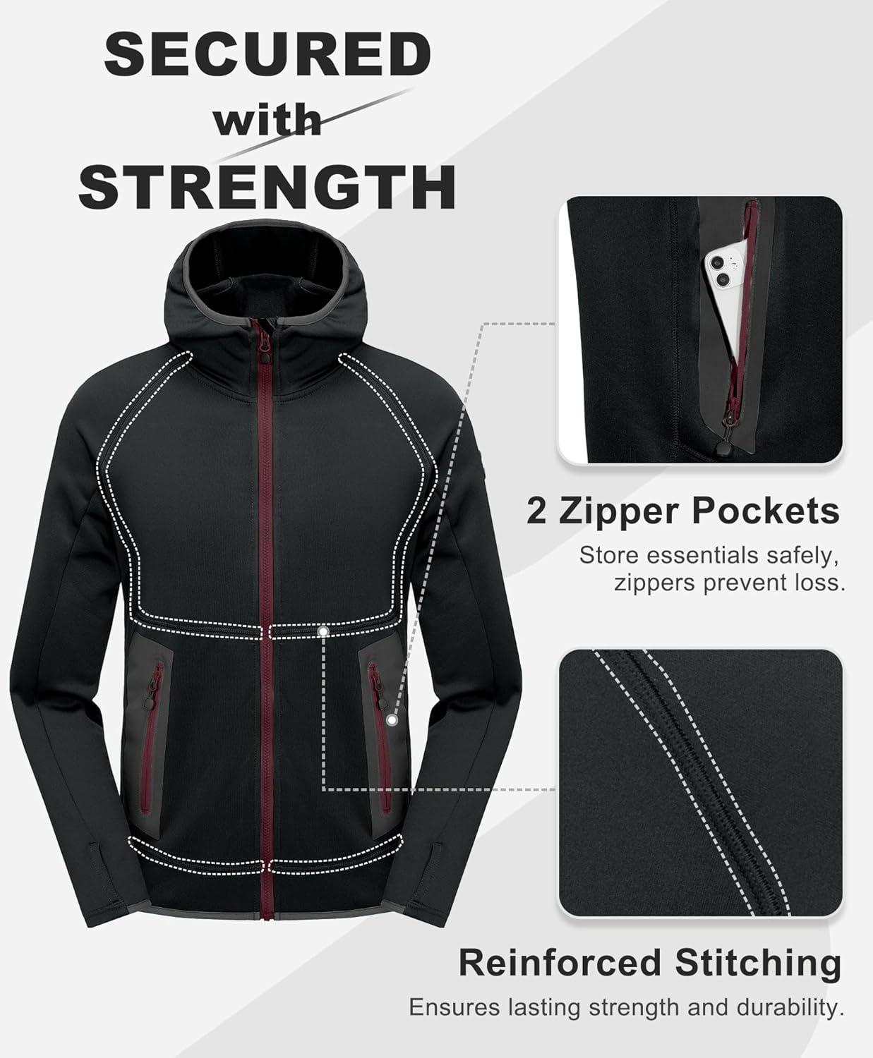 imageLittle Donkey Andy Mens Fleece Lined Running Thumb Hole Jacket Winter Stretch Hoodies Full Zip Up Hooded Coat Workout HikingBlack
