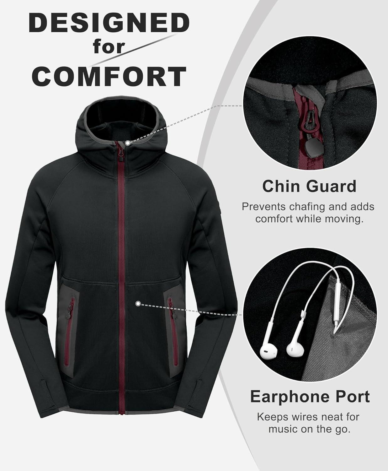 imageLittle Donkey Andy Mens Fleece Lined Running Thumb Hole Jacket Winter Stretch Hoodies Full Zip Up Hooded Coat Workout HikingBlack