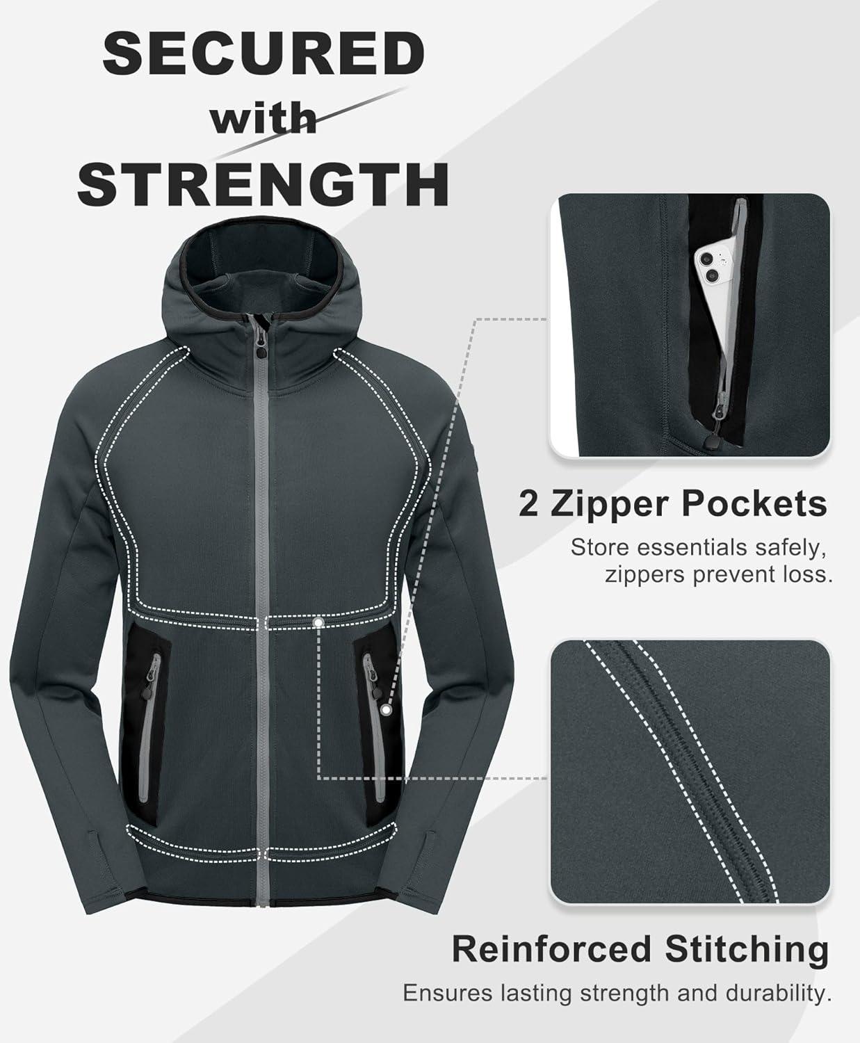 imageLittle Donkey Andy Mens Fleece Lined Running Thumb Hole Jacket Winter Stretch Hoodies Full Zip Up Hooded Coat Workout HikingDark Grey