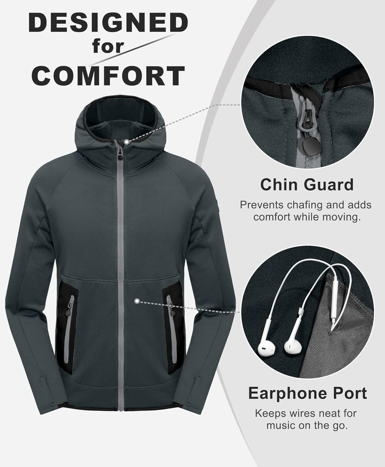 imageLittle Donkey Andy Mens Fleece Lined Running Thumb Hole Jacket Winter Stretch Hoodies Full Zip Up Hooded Coat Workout HikingDark Grey