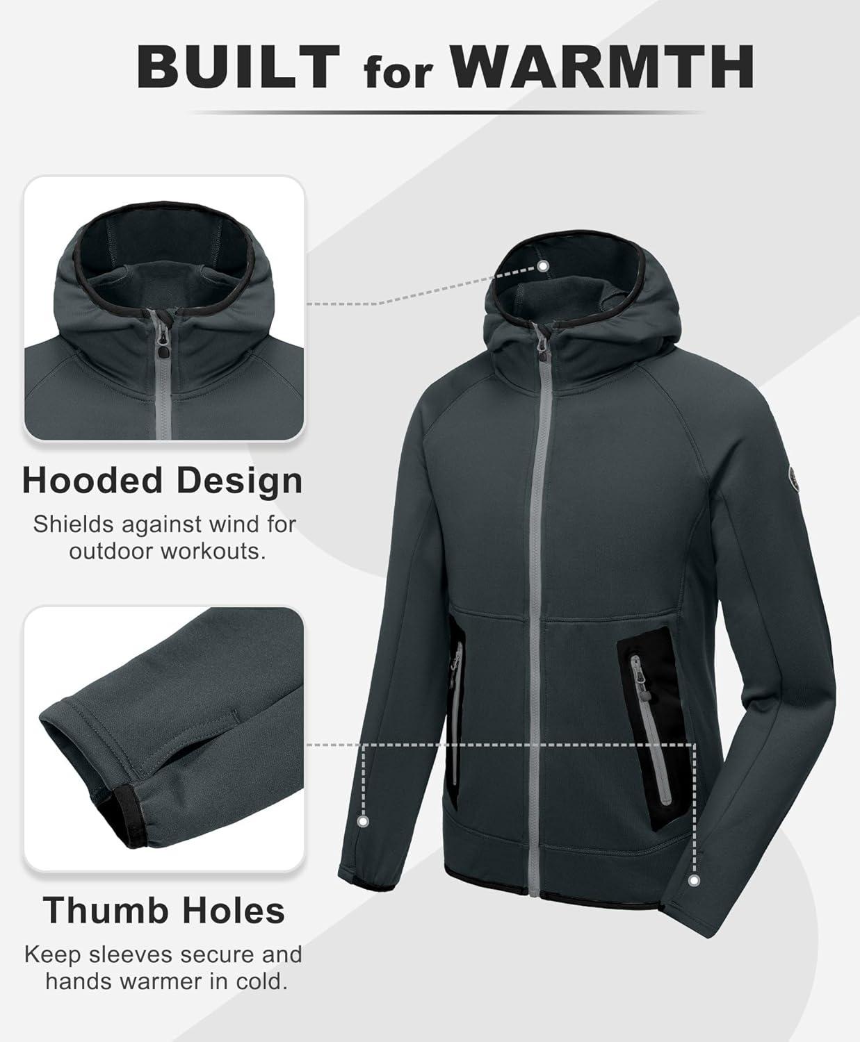imageLittle Donkey Andy Mens Fleece Lined Running Thumb Hole Jacket Winter Stretch Hoodies Full Zip Up Hooded Coat Workout HikingDark Grey