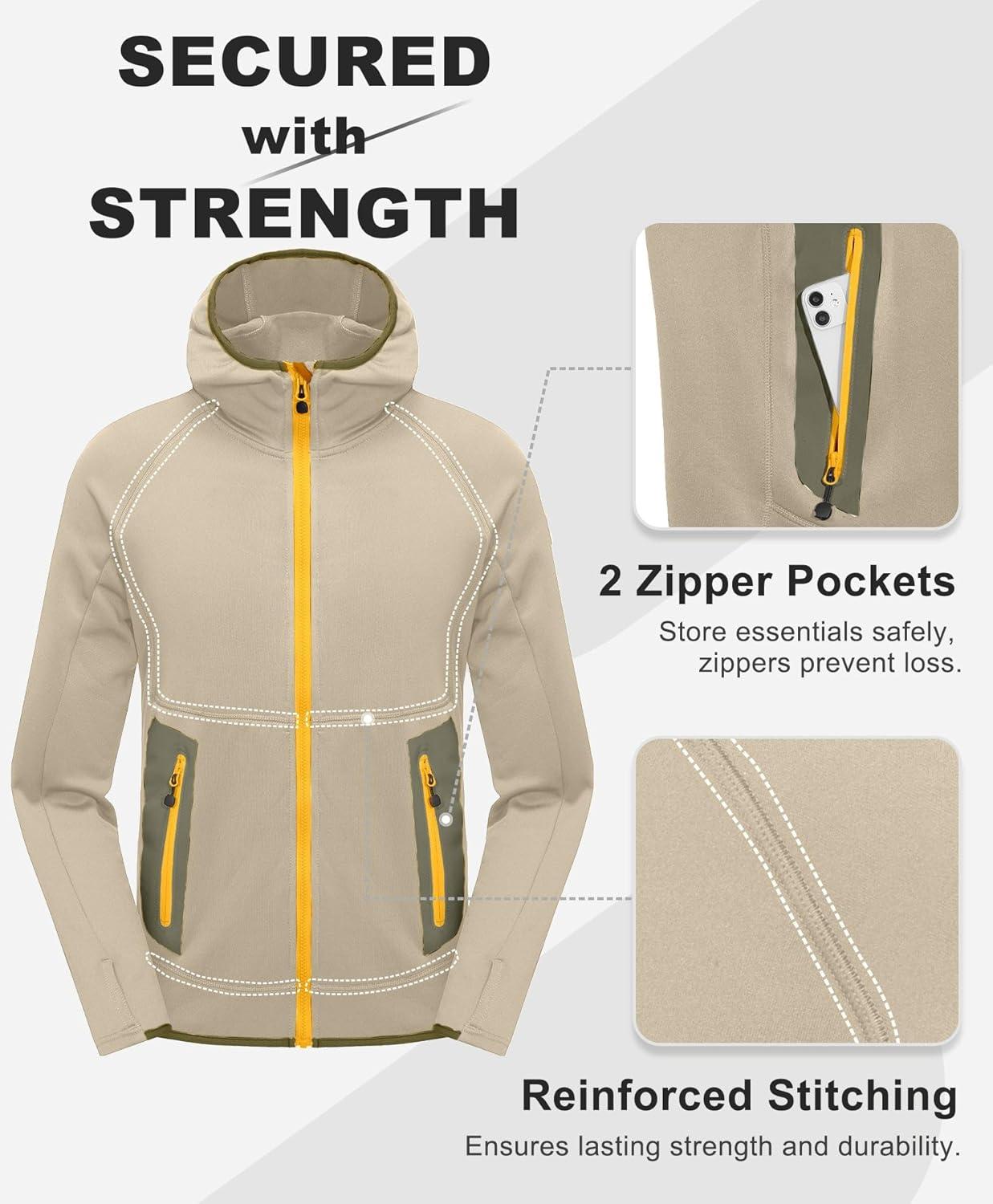 imageLittle Donkey Andy Mens Fleece Lined Running Thumb Hole Jacket Winter Stretch Hoodies Full Zip Up Hooded Coat Workout HikingLight Khaki