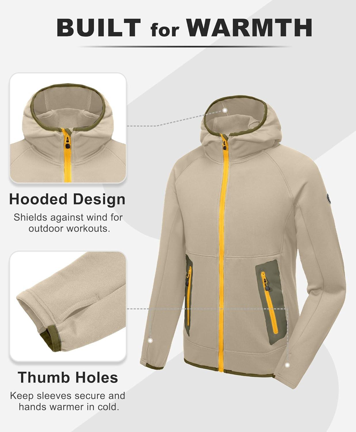 imageLittle Donkey Andy Mens Fleece Lined Running Thumb Hole Jacket Winter Stretch Hoodies Full Zip Up Hooded Coat Workout HikingLight Khaki