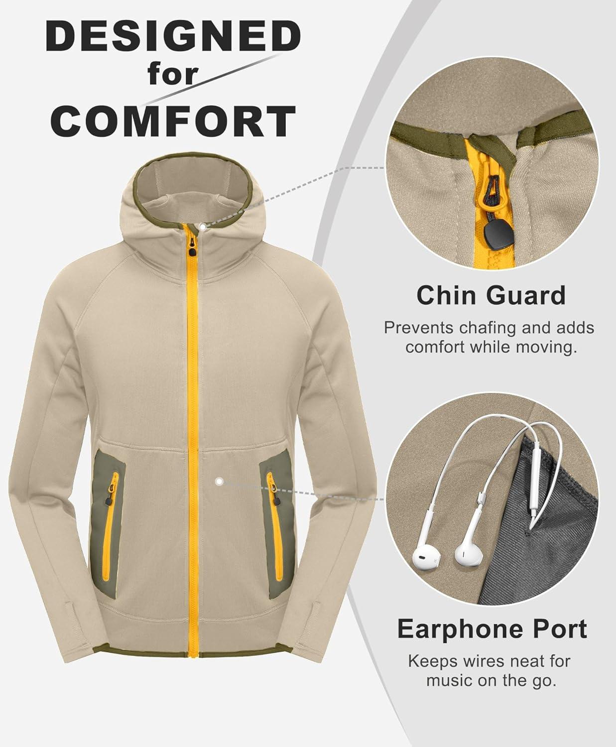 imageLittle Donkey Andy Mens Fleece Lined Running Thumb Hole Jacket Winter Stretch Hoodies Full Zip Up Hooded Coat Workout HikingLight Khaki