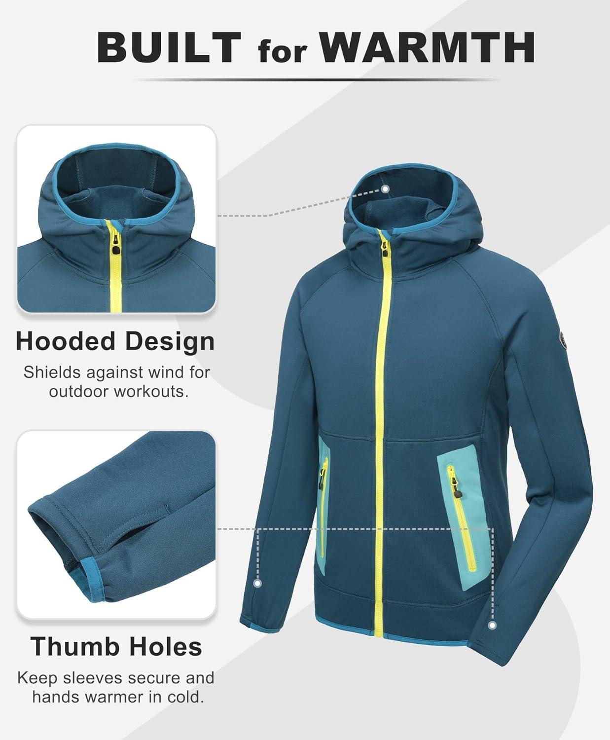 imageLittle Donkey Andy Mens Fleece Lined Running Thumb Hole Jacket Winter Stretch Hoodies Full Zip Up Hooded Coat Workout HikingMarine Blue