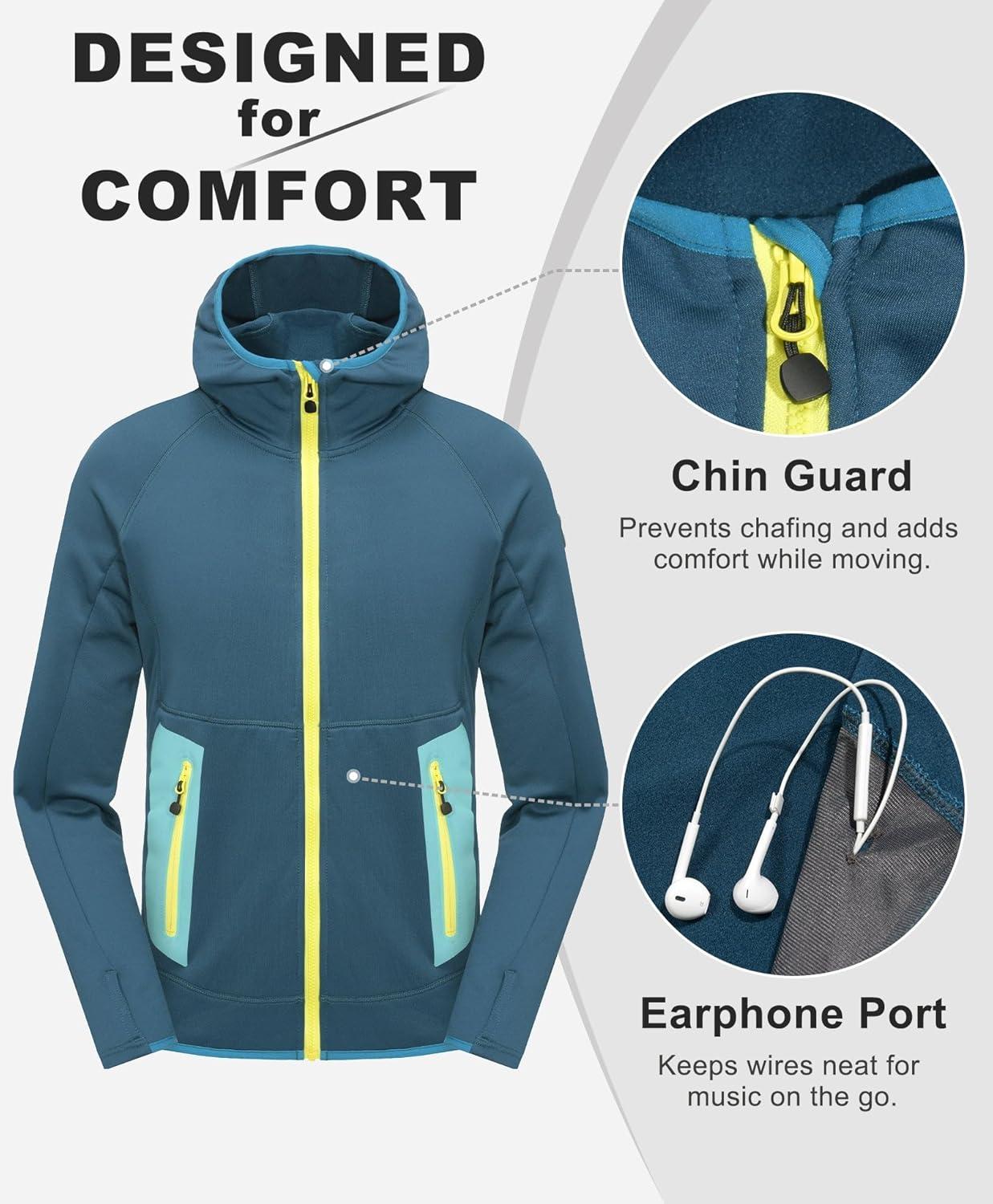 imageLittle Donkey Andy Mens Fleece Lined Running Thumb Hole Jacket Winter Stretch Hoodies Full Zip Up Hooded Coat Workout HikingMarine Blue