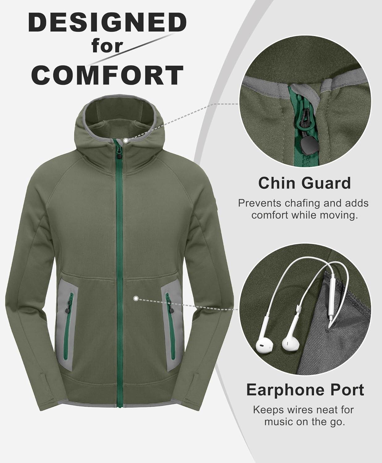 imageLittle Donkey Andy Mens Fleece Lined Running Thumb Hole Jacket Winter Stretch Hoodies Full Zip Up Hooded Coat Workout HikingSage Green