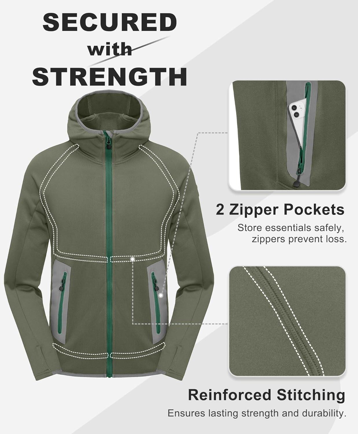 imageLittle Donkey Andy Mens Fleece Lined Running Thumb Hole Jacket Winter Stretch Hoodies Full Zip Up Hooded Coat Workout HikingSage Green