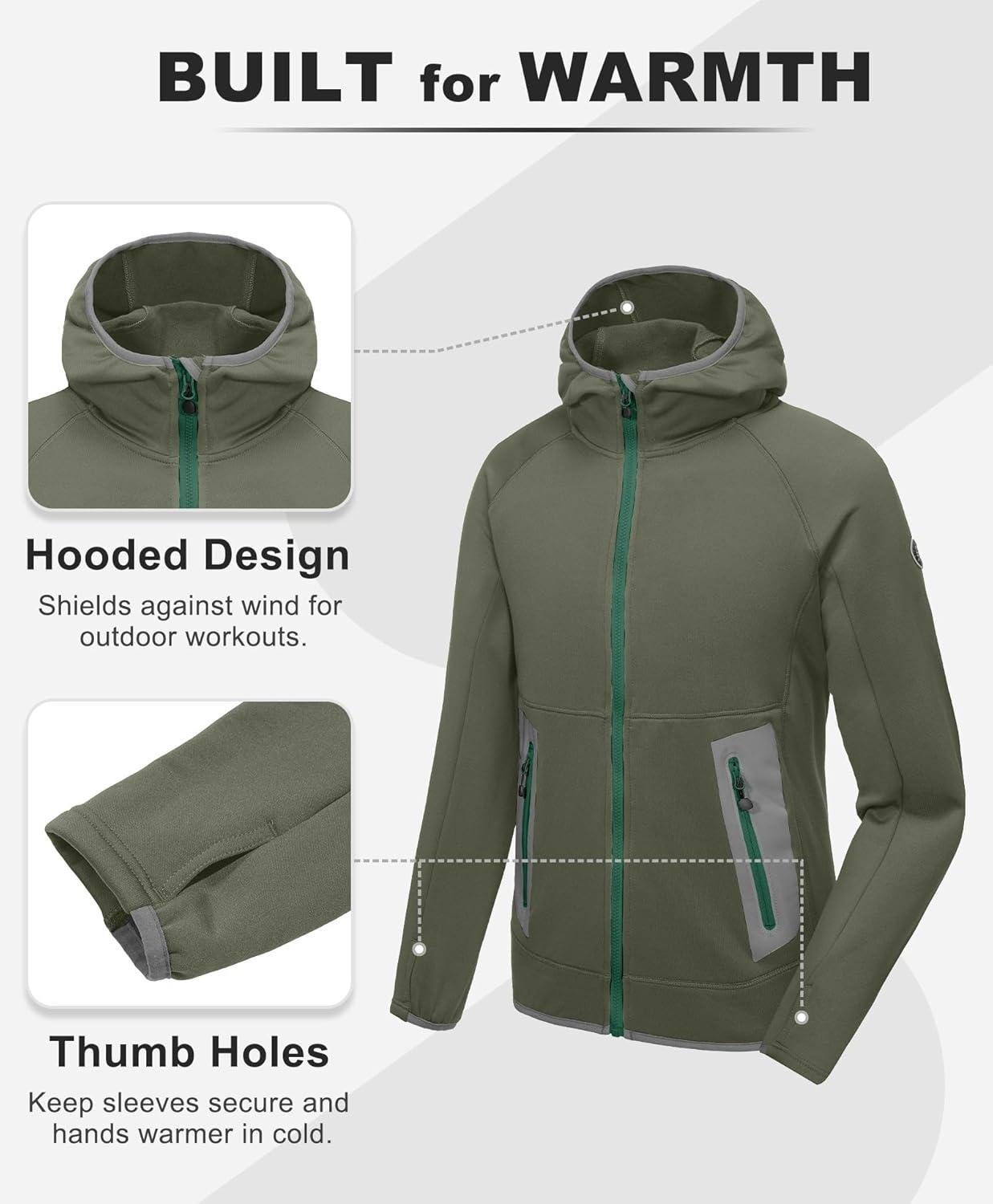 imageLittle Donkey Andy Mens Fleece Lined Running Thumb Hole Jacket Winter Stretch Hoodies Full Zip Up Hooded Coat Workout HikingSage Green