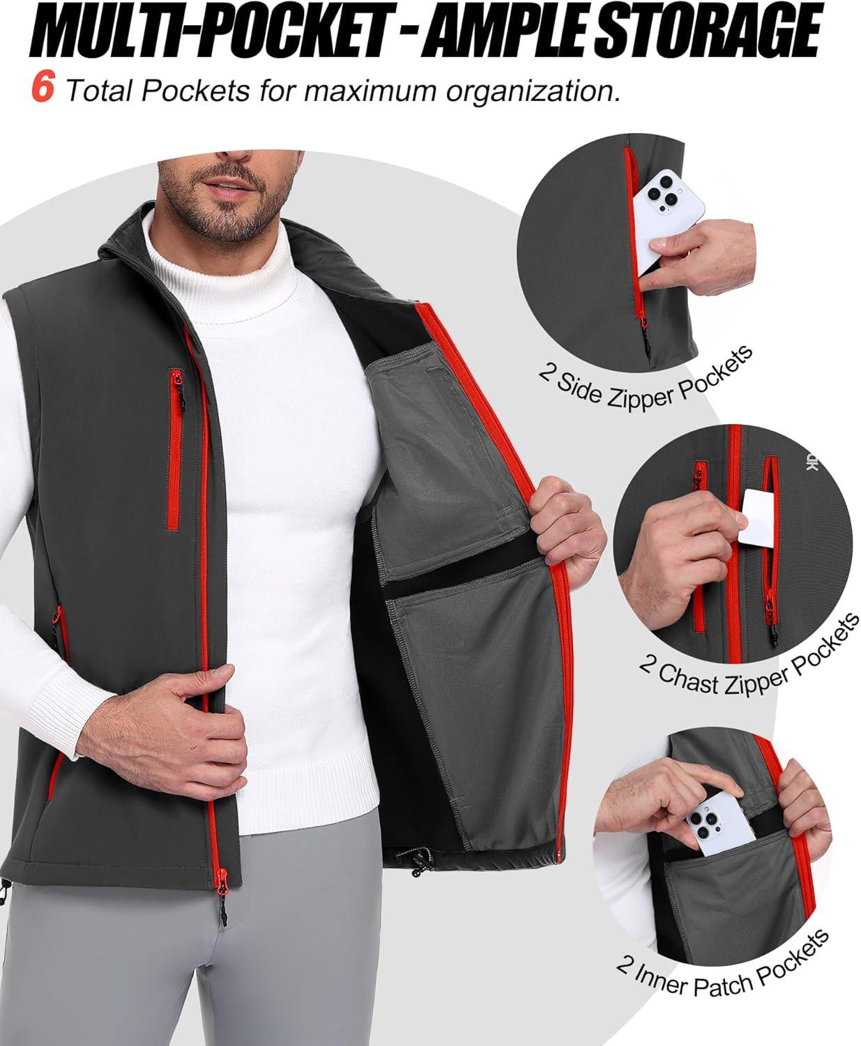 imageLittle Donkey Andy Mens Lightweight Fleece Softshell Vest Windproof Sleeveless Jacket Outerwear with Zipper PocketsDark Grey