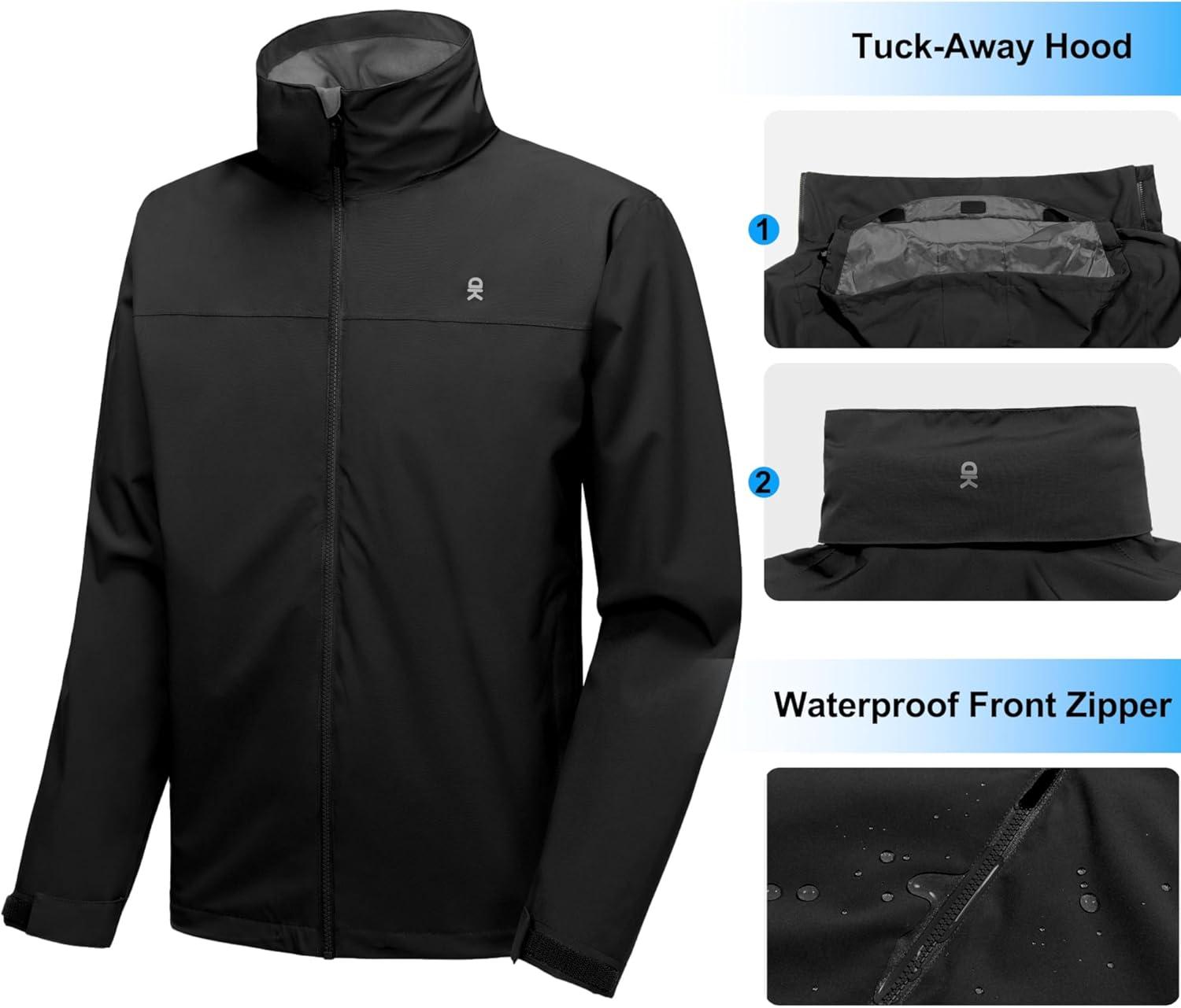 imageLittle Donkey Andy Mens Waterproof Rain Jacket Lightweight Windbreaker Hooded Jacket Packable Raincoat for Outdoor HikingBasic Black