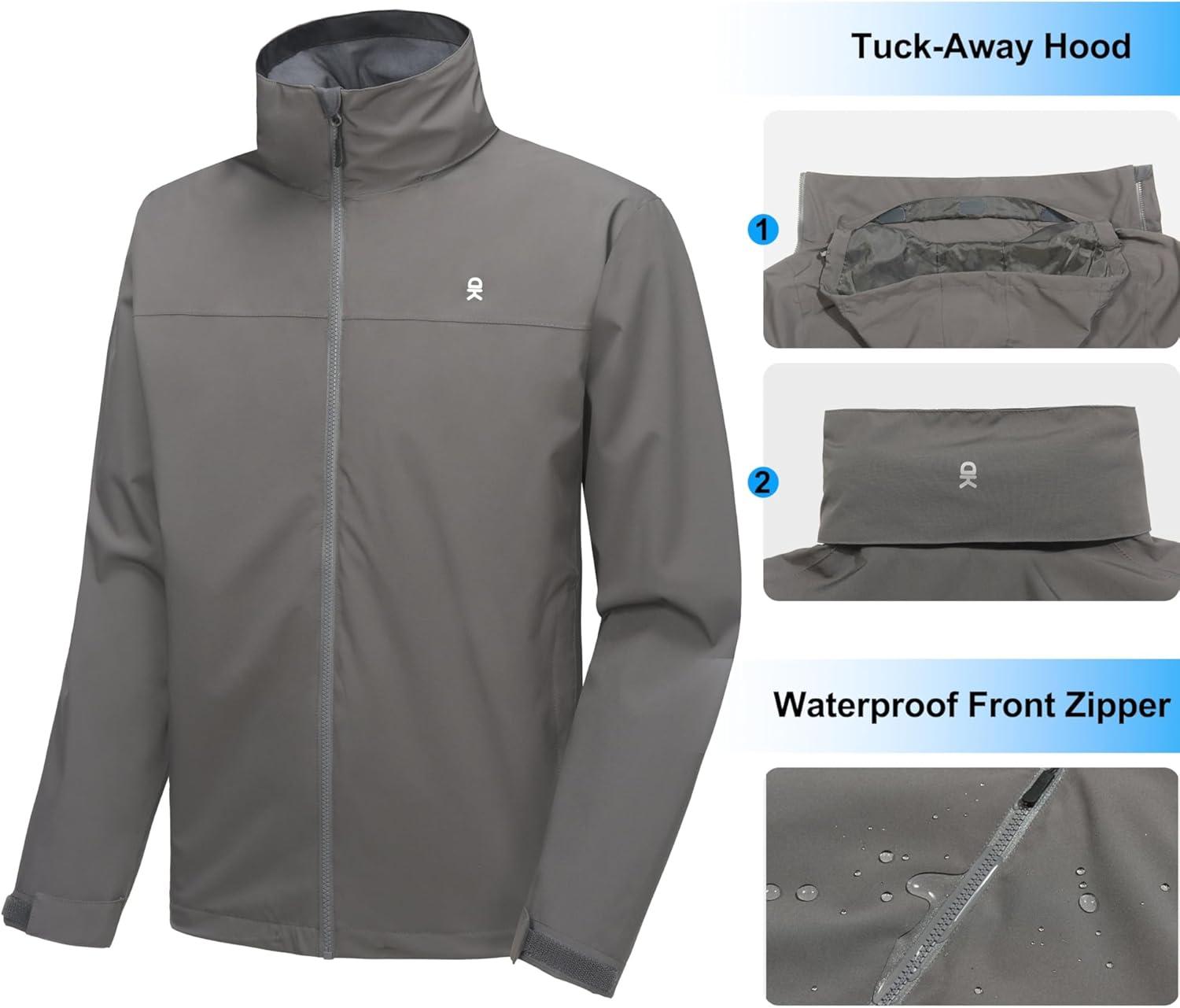 imageLittle Donkey Andy Mens Waterproof Rain Jacket Lightweight Windbreaker Hooded Jacket Packable Raincoat for Outdoor HikingBasic Grey