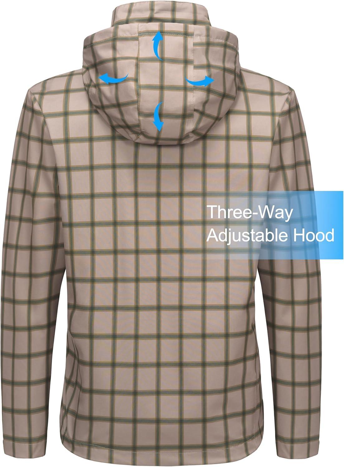 imageLittle Donkey Andy Mens Waterproof Rain Jacket Lightweight Windbreaker Hooded Jacket Packable Raincoat for Outdoor HikingBeige Plaid