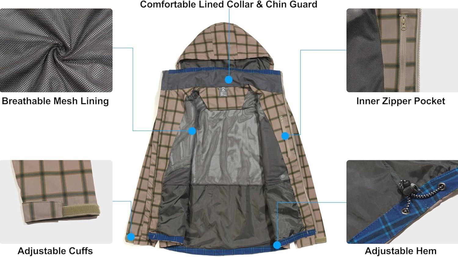 imageLittle Donkey Andy Mens Waterproof Rain Jacket Lightweight Windbreaker Hooded Jacket Packable Raincoat for Outdoor HikingBeige Plaid