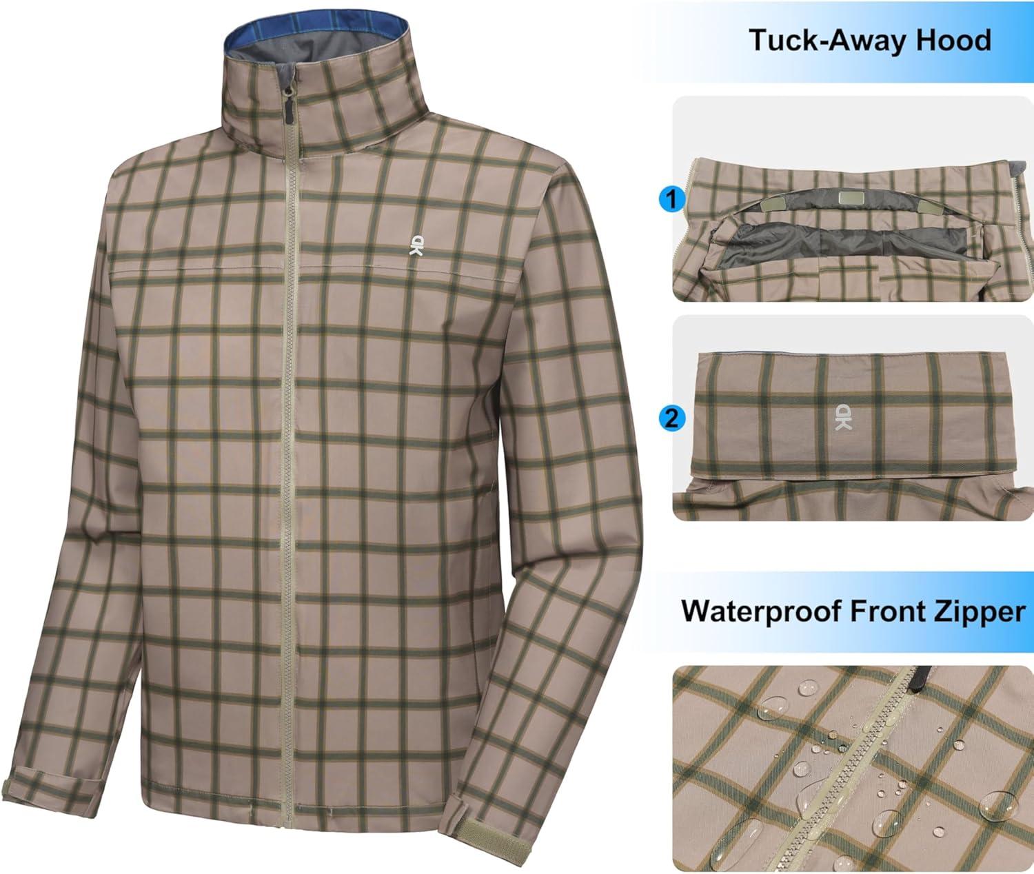 imageLittle Donkey Andy Mens Waterproof Rain Jacket Lightweight Windbreaker Hooded Jacket Packable Raincoat for Outdoor HikingBeige Plaid