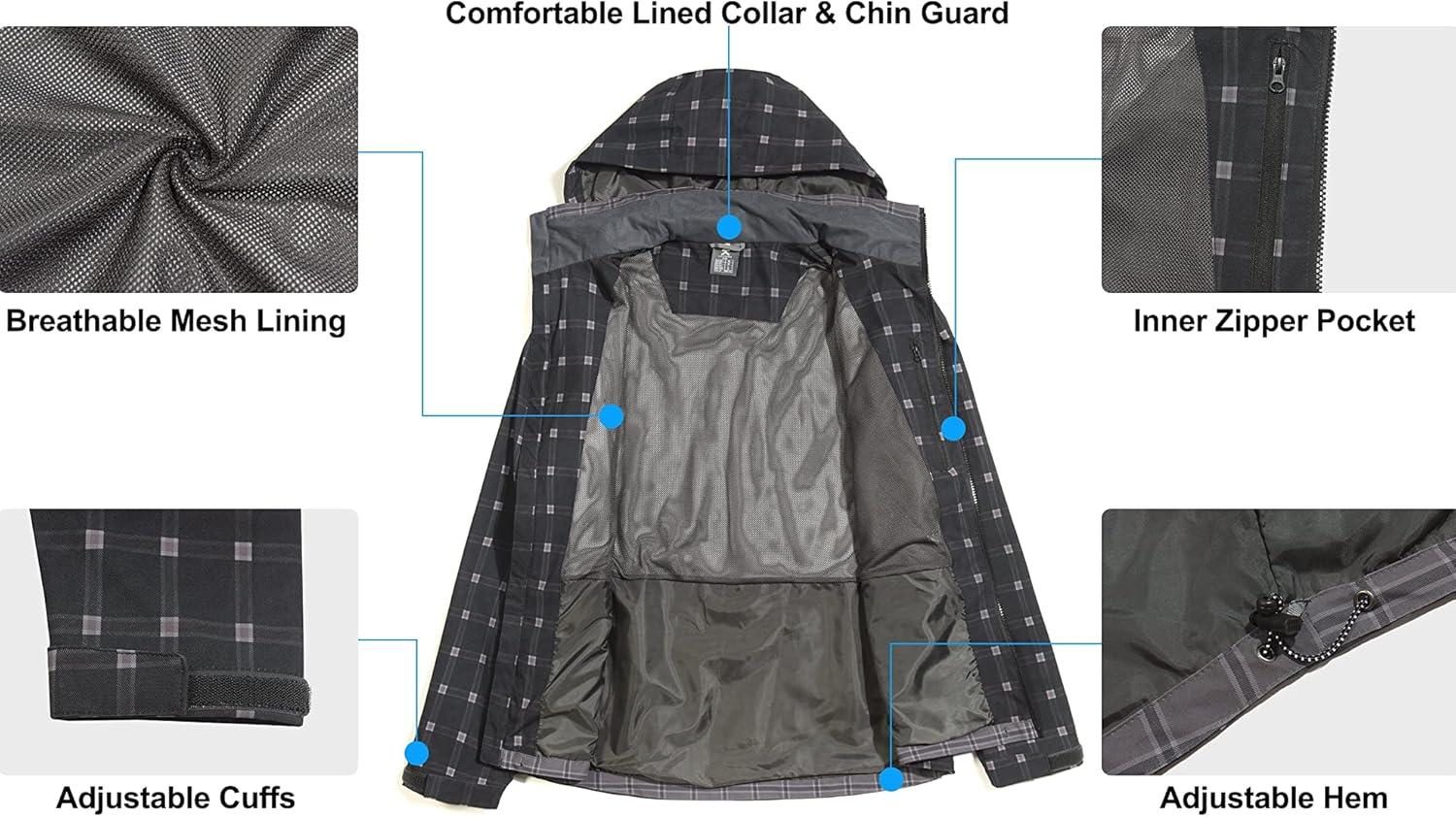 imageLittle Donkey Andy Mens Waterproof Rain Jacket Lightweight Windbreaker Hooded Jacket Packable Raincoat for Outdoor HikingBlack Plaid