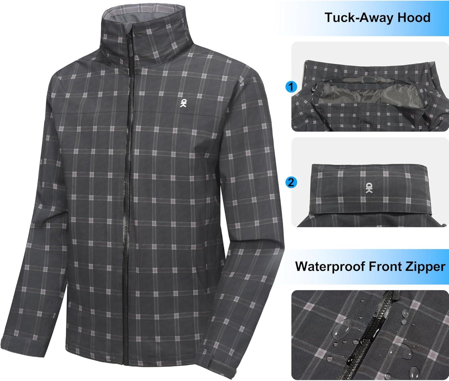 imageLittle Donkey Andy Mens Waterproof Rain Jacket Lightweight Windbreaker Hooded Jacket Packable Raincoat for Outdoor HikingBlack Plaid