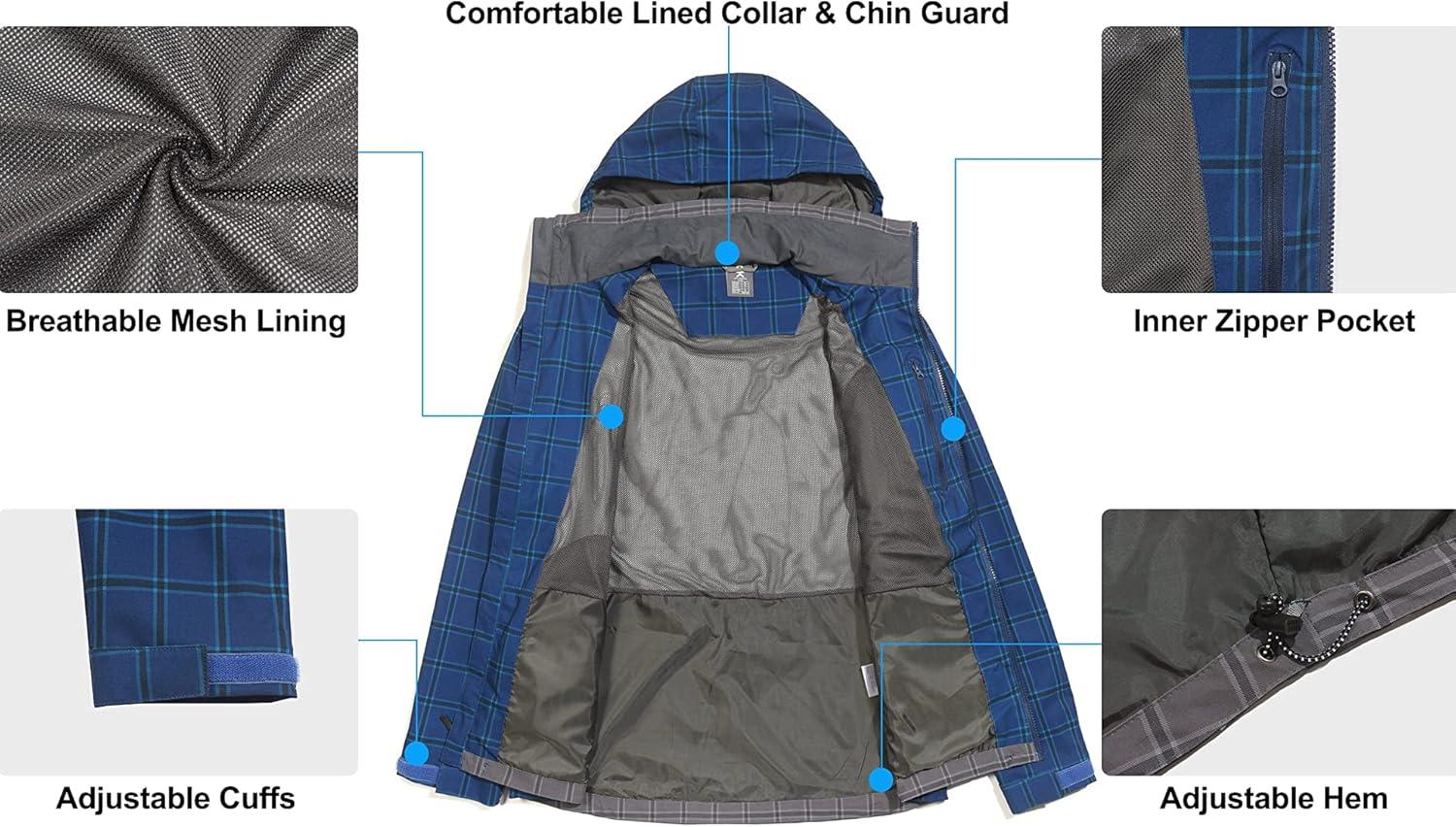 imageLittle Donkey Andy Mens Waterproof Rain Jacket Lightweight Windbreaker Hooded Jacket Packable Raincoat for Outdoor HikingBlue Plaid