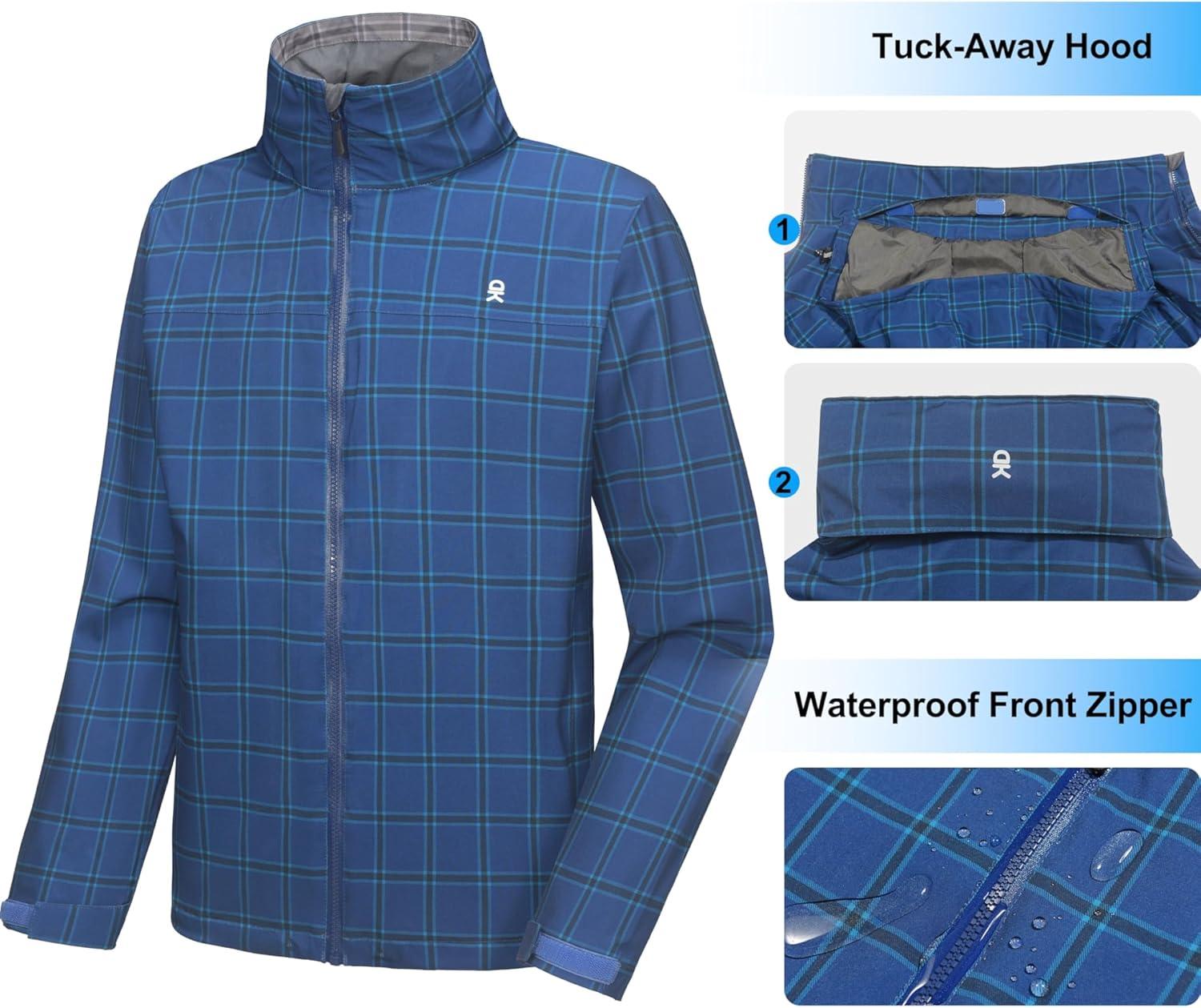 imageLittle Donkey Andy Mens Waterproof Rain Jacket Lightweight Windbreaker Hooded Jacket Packable Raincoat for Outdoor HikingBlue Plaid