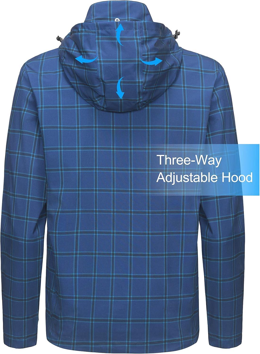 imageLittle Donkey Andy Mens Waterproof Rain Jacket Lightweight Windbreaker Hooded Jacket Packable Raincoat for Outdoor HikingBlue Plaid