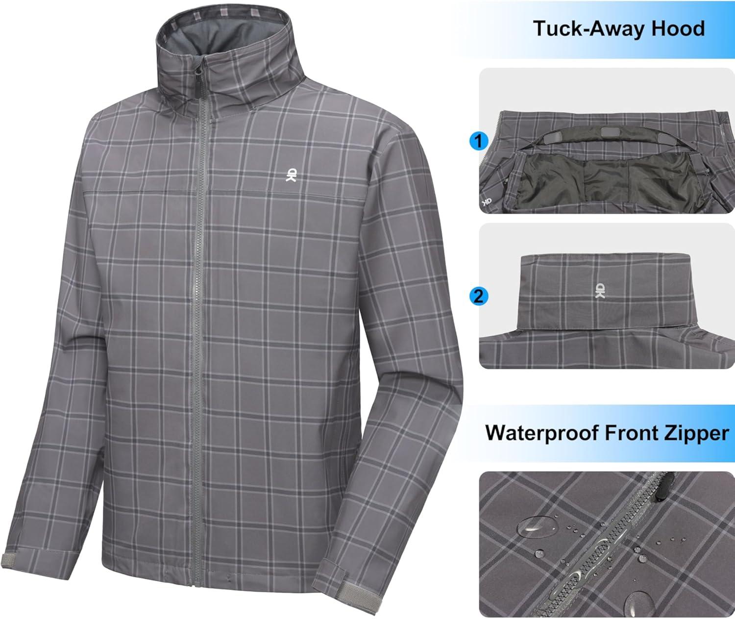 imageLittle Donkey Andy Mens Waterproof Rain Jacket Lightweight Windbreaker Hooded Jacket Packable Raincoat for Outdoor HikingGrey Plaid